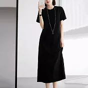 【MsMore】 巴黎夜曲連身裙短袖優雅簡約圓領純色長版洋裝# 118117 M 黑色