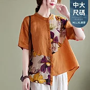 【慢。生活】復古文藝棉麻印花寬鬆襯衫 8628  FREE 橘色