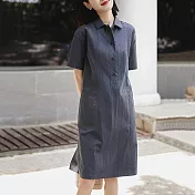 【MsMore】 英式短袖挺括硬朗POLO領襯衫裙連身裙寬鬆中長版洋裝# 118121 L 黑色