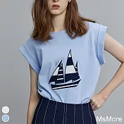 【MsMore】 海軍風印花T恤針織冰絲圓領寬鬆顯瘦短版上衣# 118200 FREE 藍色
