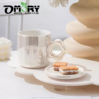 【OMORY】花形珠光陶瓷杯300ML附蓋- 茶白