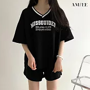 【AMIEE】V領球衣風休閒運動套裝(2色/M-3XL/KDA-336) 2XL 黑色