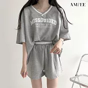 【AMIEE】V領球衣風休閒運動套裝(2色/M-3XL/KDA-336) XL 灰色