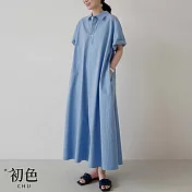 【初色】休閒純色短袖翻領寬鬆顯瘦A字連身裙長裙洋裝-共3色-68526(F可選) F 藍色