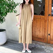 【初色】無袖圓領純色顯瘦中長裙連衣裙洋裝-共3色-67830(F可選) F 卡其