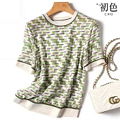 【初色】休閒圓領拼接印花短袖寬鬆T恤上衣-綠色-68584(M-2XL可選) M 綠色