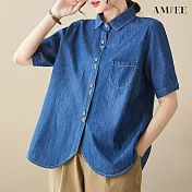 【AMIEE】翻領圓弧剪裁單寧牛仔襯衫(牛仔藍/M-2XL/KDTY-9039) XL 牛仔藍