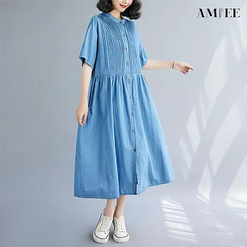 【AMIEE】立領打摺寬鬆牛仔襯衫洋裝(2色/L-XL/KDDY-9142) L 淺藍色