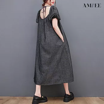 【AMIEE】優雅挖洞造型泡泡袖牛仔洋裝(3色/M-2XL/KDDY-8388) L 黑灰色