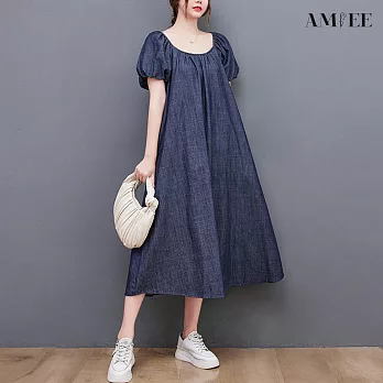 【AMIEE】優雅挖洞造型泡泡袖牛仔洋裝(3色/M-2XL/KDDY-8388) L 深藍色