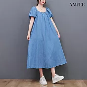 【AMIEE】優雅挖洞造型泡泡袖牛仔洋裝(3色/M-2XL/KDDY-8388) L 淺藍色