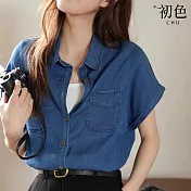 【初色】夏季休閒寬鬆蝙蝠袖短袖不規則襯衫上衣外套-深藍色-68472(M-2XL可選) M 深藍色