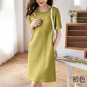 【初色】氣質肩膀鏤空圓領素色中長裙連身裙洋裝-黃綠色-68563(M-2XL可選) M 黃綠色