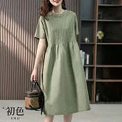 【初色】棉麻風素色圓領收腰短袖連身中長裙洋裝-共3色-68529(M-2XL可選) M 綠色