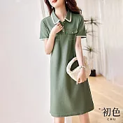 【初色】氣質簡約襯衫領拼接口袋連衣裙洋裝-綠色-68562(M-2XL可選) M 綠色