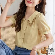 【初色】夏季蕾絲拼接泡泡袖短袖襯衫上衣-黃色-68506(M-2XL可選) XL 黃色
