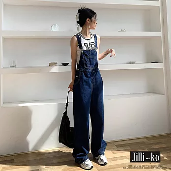 【Jilli~ko】韓版牛仔口袋闊腿拖地可調吊帶褲 J10817  FREE 深藍色