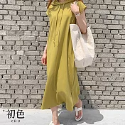 【初色】素色抽繩連帽寬鬆遮肉直筒無袖連身中長裙洋裝-共3色-68537(F可選) F 芥末黃色