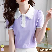 【MsMore】 POLO衫短袖撞色蕾絲花邊翻領T恤寬鬆短版上衣# 118173 M 紫色
