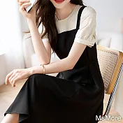 【MsMore】 緹花假兩件連身裙百搭小清新減齡顯瘦長版洋裝# 118233 M 黑色