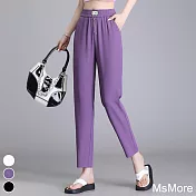 【MsMore】 冰絲褲高腰顯瘦哈倫褲小個子休閒純色蘿蔔九分長褲# 118252 M 紫色
