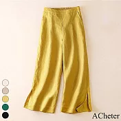 【ACheter】 垂感闊腿褲高腰寬鬆顯瘦棉麻感休閒九分直筒女褲# 118283 2XL 黃色
