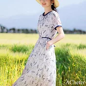 【ACheter】 碎花撞色圓領連身裙短袖氣質收腰顯瘦長版洋裝# 118301 M 花紋色
