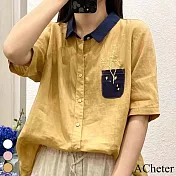 【ACheter】 刺繡翻領襯衫短袖棉麻感薄中長版寬鬆上衣# 118303 M 黃色