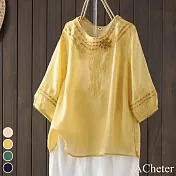 【ACheter】 復古麻感文藝手工刺繡圓領七分袖氣質薄款寬鬆中長上衣# 118308 M 黃色