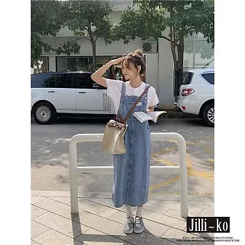 【Jilli~ko】韓版休閒百搭寬鬆口袋牛仔吊帶裙 J10826  FREE 藍色