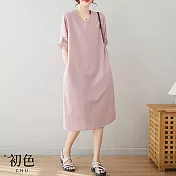 【初色】寬鬆圓領休閒口袋設計五分短袖連身中長裙洋裝-淺粉色-68534(M-2XL可選) M 淺粉色