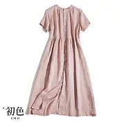 【初色】棉麻風單排扣木耳圓領短袖中長裙連身裙洋裝-共3色-68530(M-2XL可選) M 粉色