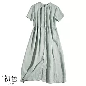 【初色】棉麻風單排扣木耳圓領短袖中長裙連身裙洋裝-共3色-68530(M-2XL可選) XL 綠色