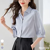 【MsMore】 法式高級感襯衫緞面純色職業時尚短版短袖上衣# 118182 L 灰色