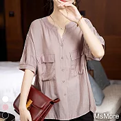 【MsMore】 V領短袖寬鬆顯瘦襯衫純色百搭大口袋上衣# 118236 3XL 粉紅色