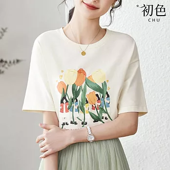 【初色】夏季薄款植物印花休閒寬鬆圓領短袖T恤上衣-杏色-68550(M-XL可選) M 杏色