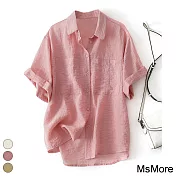 【MsMore】 薄透氣好穿翻領短袖卷邊絲質襯衫壓褶寬鬆休閒襯衫短版上衣# 118361 2XL 粉紅色