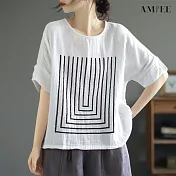 【AMIEE】經典圓領幾何短袖上衣T恤(4色/M-2XL/KDTY-5815) XL 白色