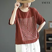 【AMIEE】經典圓領幾何短袖上衣T恤(4色/M-2XL/KDTY-5815) XL 紅色