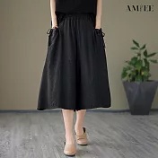 【AMIEE】舒適透氣七分闊腿寬褲(4色/M-2XL/KDPY-6327) L 黑色