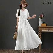 【AMIEE】氣質V領側綁帶顯瘦洋裝(白色/M-2XL/KDDY-8256) 2XL 白色