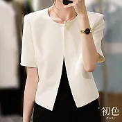 【初色】簡約俐落素色薄款無扣顯瘦圓領短袖空調外套-共2色-68797(M-XL可選) L 白色