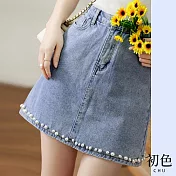 【初色】高腰顯瘦A字牛仔珍珠短裙-藍色-68772(M-2XL可選) XL 藍色