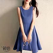【初色】圓領無袖收腰素色中長裙洋裝-共2色-68803(M-2XL可選) L 霧藍色
