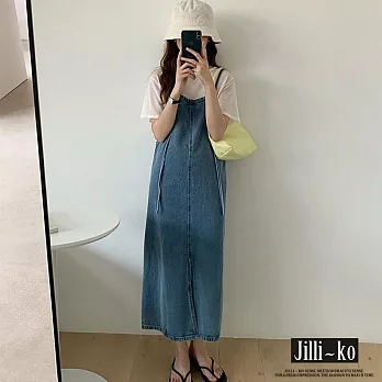 【Jilli~ko】韓版設計復古細繩開衩背帶牛仔連衣裙 J10837  FREE 藍色