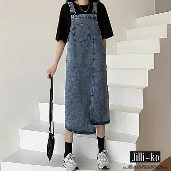 【Jilli~ko】不規則開衩口袋寬鬆顯瘦牛仔背帶裙 J10820  FREE 藍色