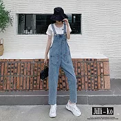【Jilli~ko】復古休閒寬鬆疊穿牛仔直筒背帶褲 J10815 FREE 藍色