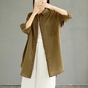 【ACheter】 大碼日系棉麻感七分袖襯衫設計法式甜美長版罩衫百搭上衣# 118406 L 黃色