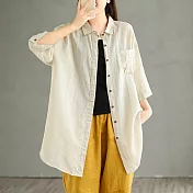 【ACheter】 大碼日系棉麻感七分袖襯衫設計法式甜美長版罩衫百搭上衣# 118406 L 杏色