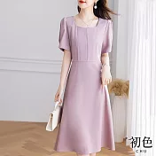 【初色】時尚簡約方領收腰短袖中長裙連衣裙洋裝-粉色-68635(M-2XL可選) L 粉色